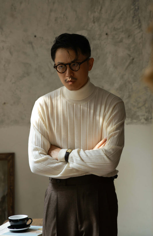 100% Merino Wool Ribbed Turtle Neck Sweater — Snowy White