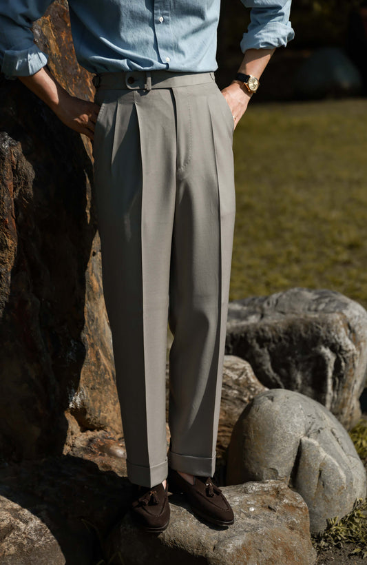 High-Waisted Suit Trousers with Side Adjusters — Washed Pine Ash Green