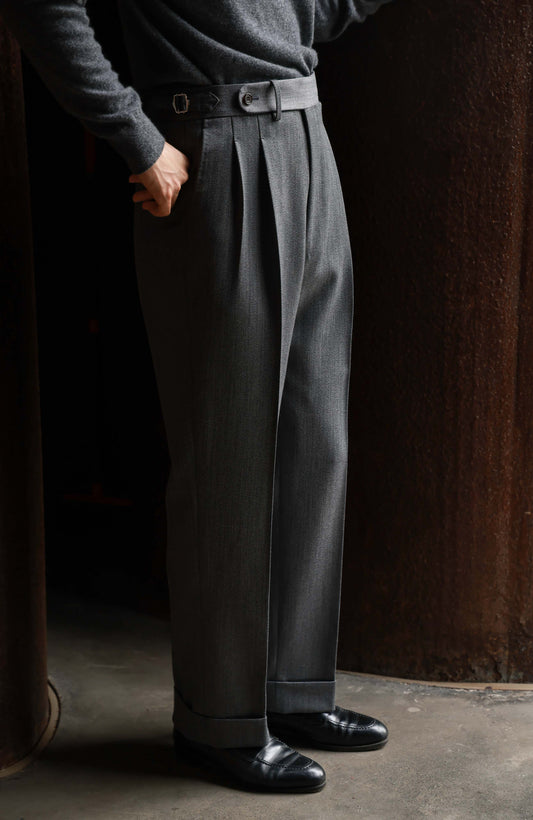 Heavyweight Cavalry Twill Wool High-Waisted Suit Trousers with Side-Adjusters — Weathered Cliff Grey