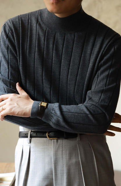 100% Merino Wool Ribbed Mock Neck Sweater — Volcanic Grey