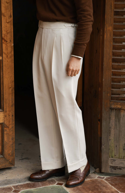 High-Waisted Cavalry-Wool Suit Trousers with Parisian Side Adjusters — Heritage White