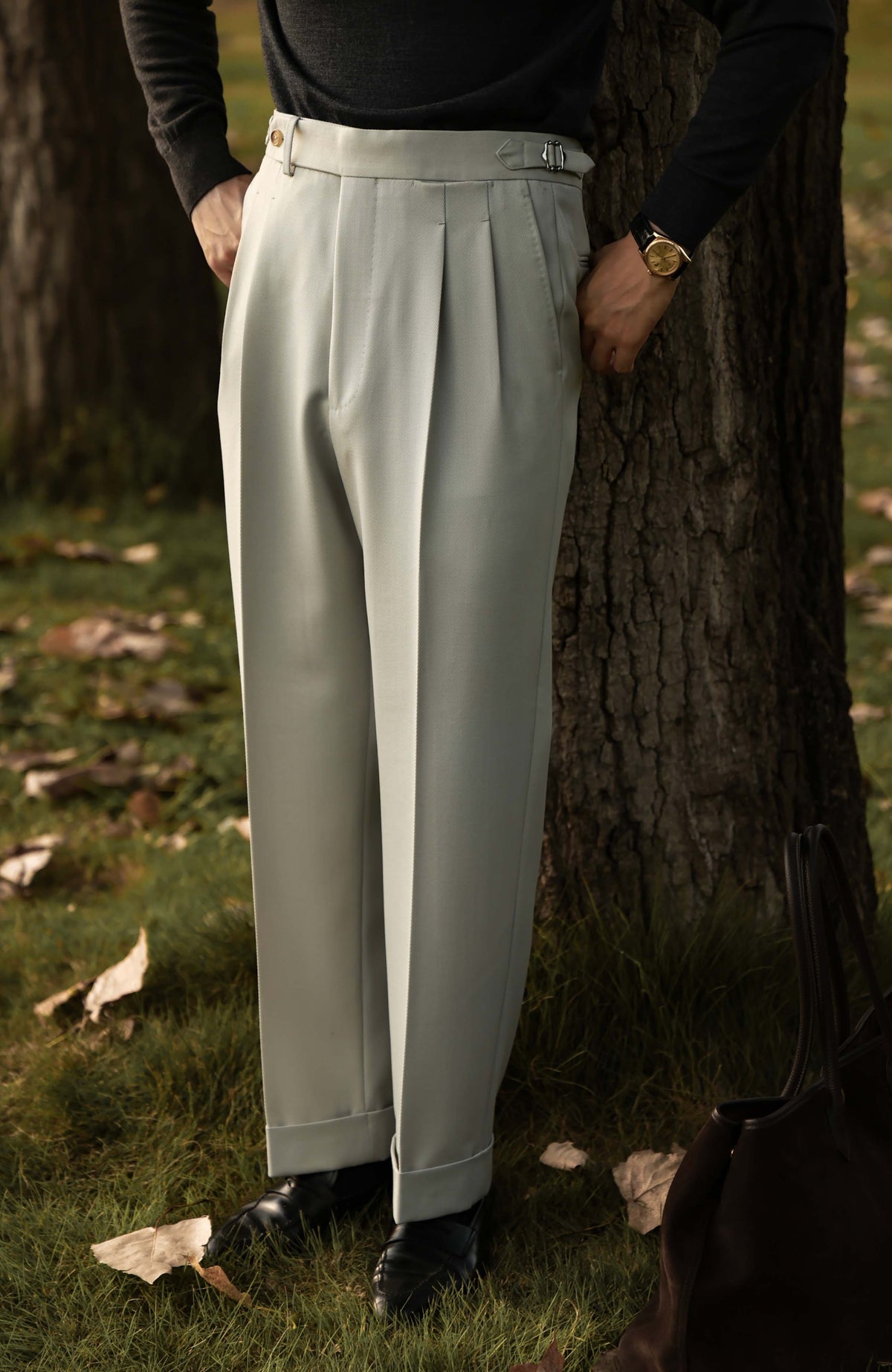 Heavyweight Cavalry Twill Wool High-Waisted Suit Trousers with Side-Adjusters —  Heritage Charcoal