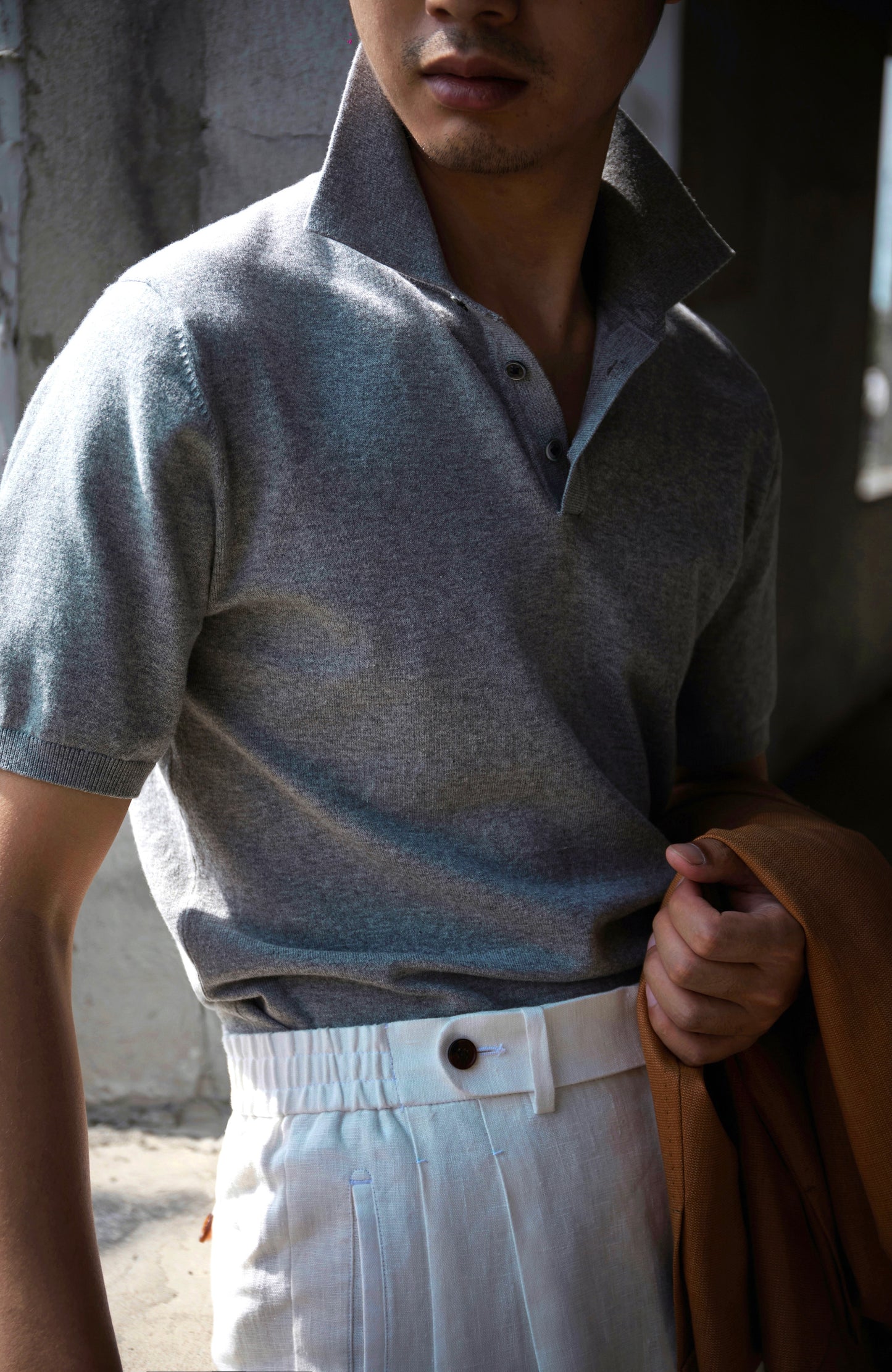 「Glacier Gray」Combed Long-Staple Cotton Knit Short-Sleeve Polo Shirt