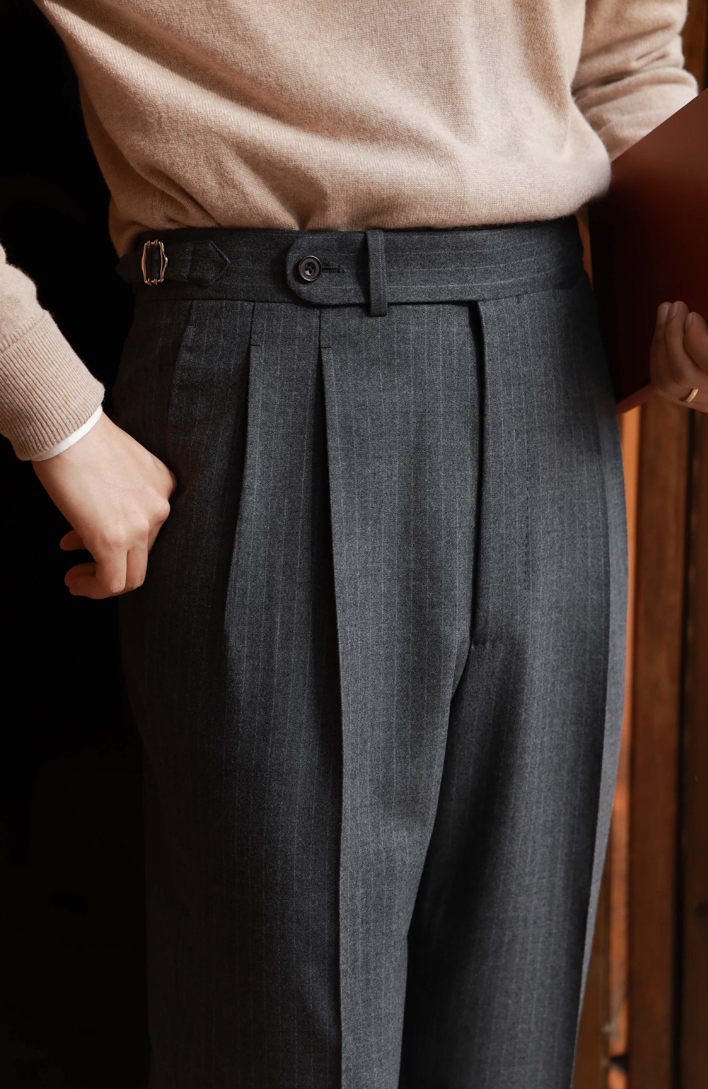 High-Waisted Flannel Suit Trousers with Parisian Side Adjusters — Lunar Gary Pin Stripe