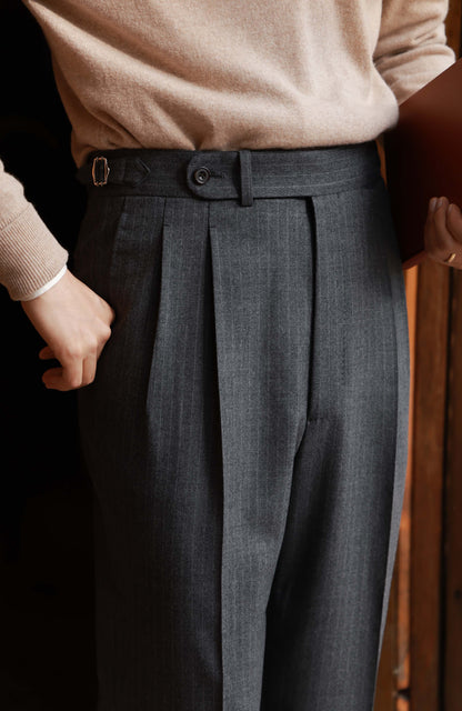 High-Waisted Flannel Suit Trousers with Parisian Side Adjusters — Lunar Gary Pin Stripe