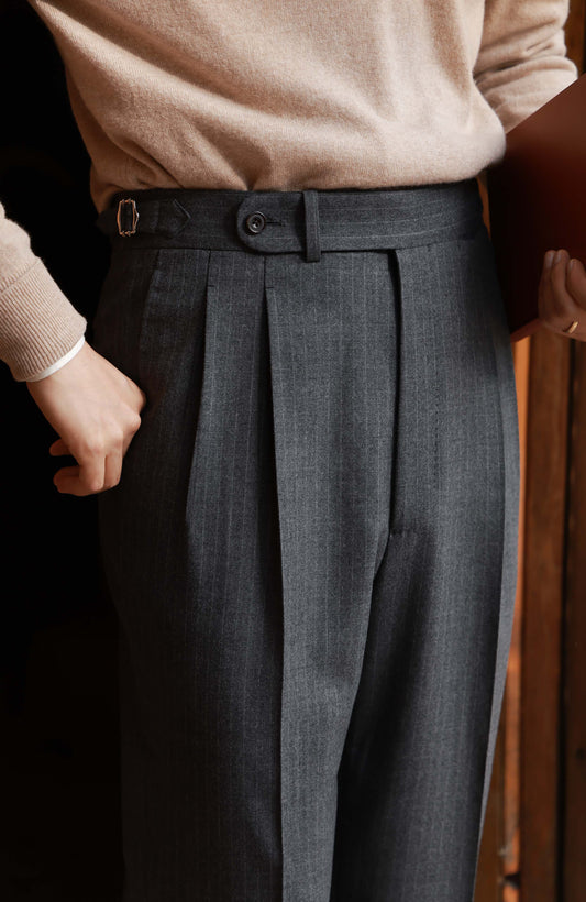 High-Waisted Flannel Suit Trousers with Parisian Side Adjusters — Lunar Gary Pin Stripe