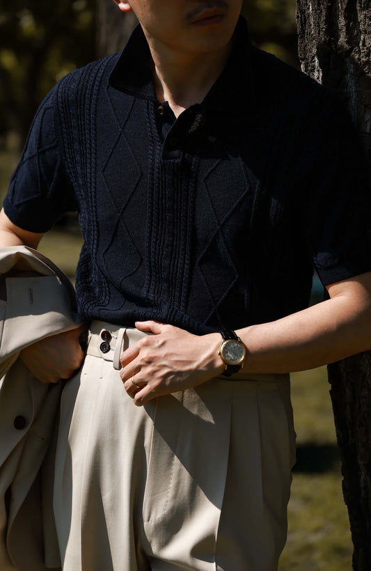 Linen Vintage Braided Unisex Knit Polo — Midnight Weave