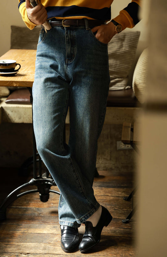 Mid-High Waisted Casual Trousers — Faded Denim Blue