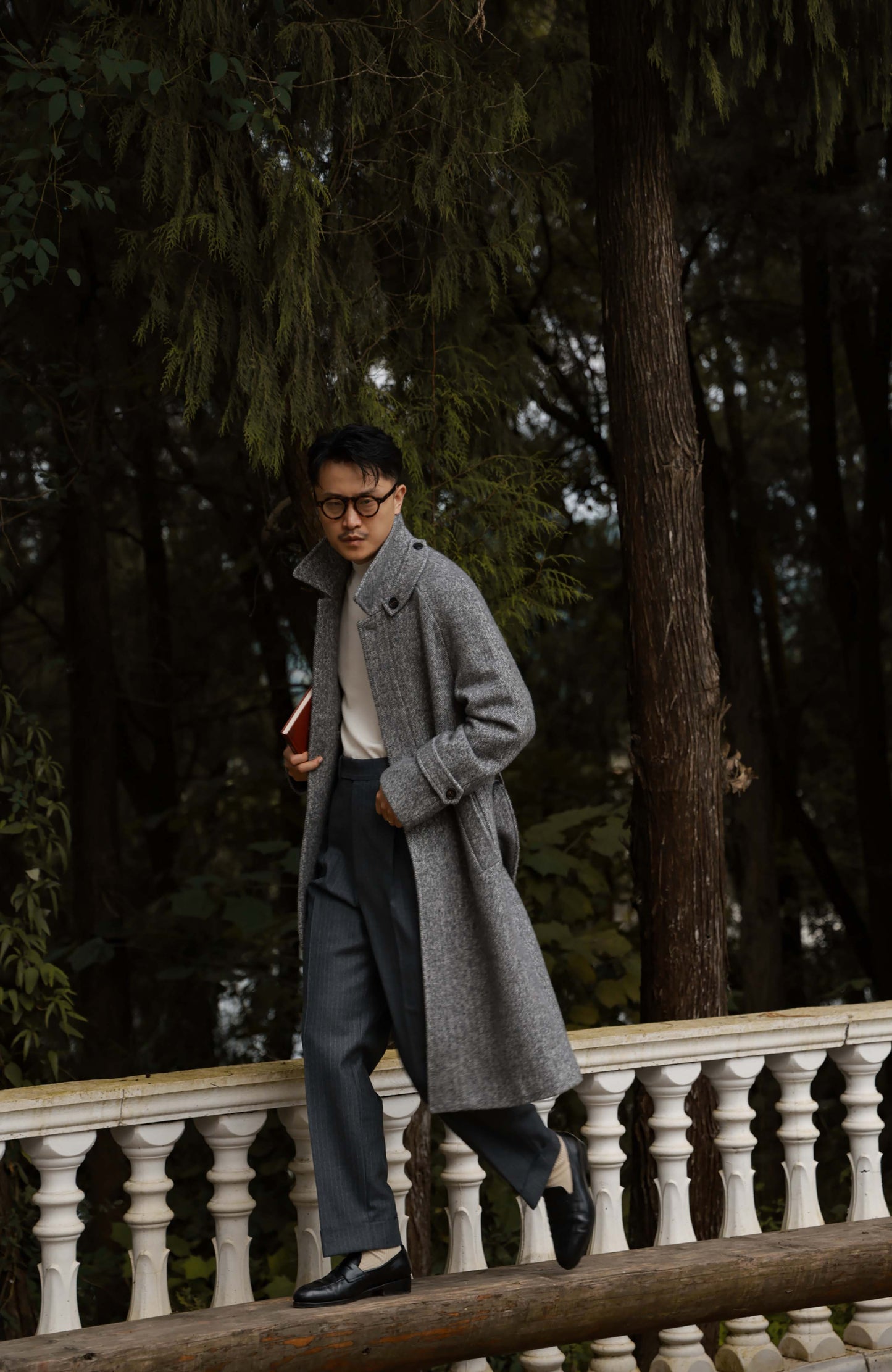 Textured Herringbone Balmacaan Overcoat — Stone Trace Grey