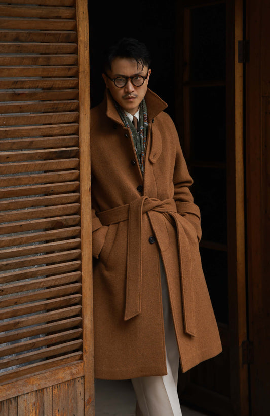 Camel Hair–Wool Blend Single-Breasted Balmacaan Overcoat — Terracotta