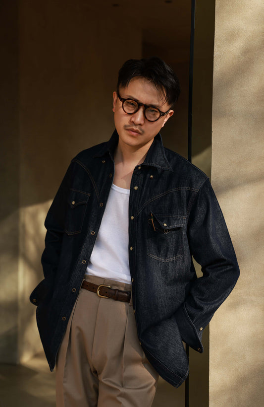 Hemp-Cotton Denim Wide Wide-Spread Collar Shirt — Vintage Indigo