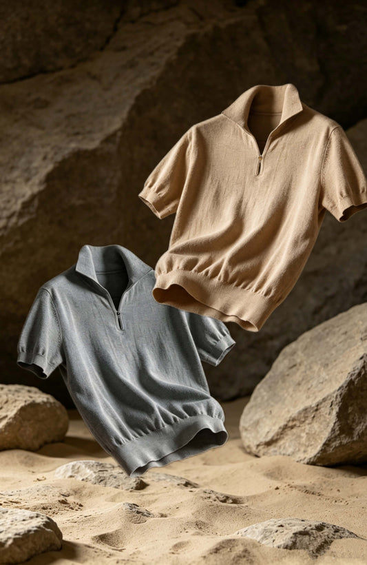 Cashmere Cotton 16-Gauge Knit Short-Sleeve Polo — Misty Apricot/ Misty Gray