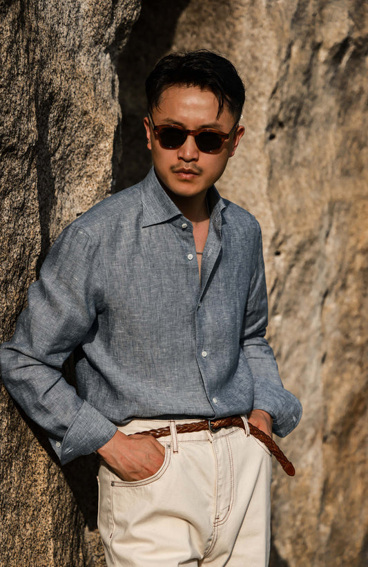 Linen Wide-Spread Collar Shirt — Mist Blue