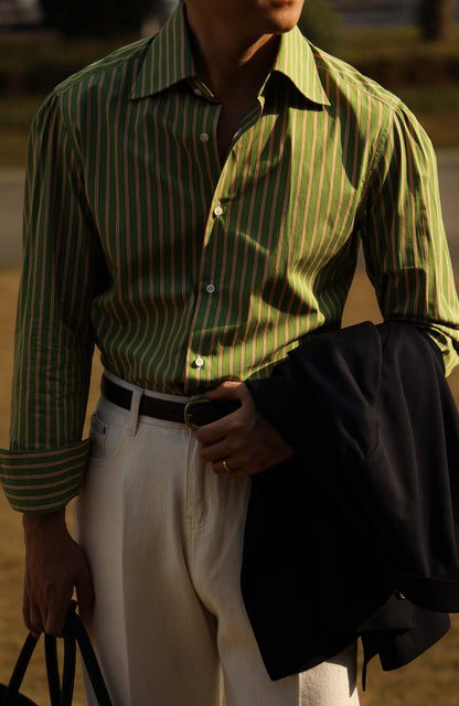 Handcrafted Spread Collar Shirt — Plum Green & Orange Stripes
