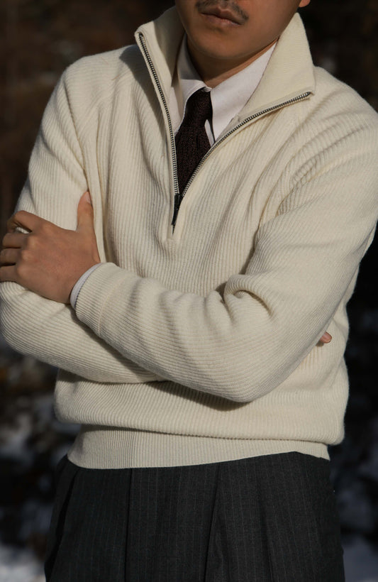 Half-Zip Wool-Cashmere Mock Neck Sweater — Off White