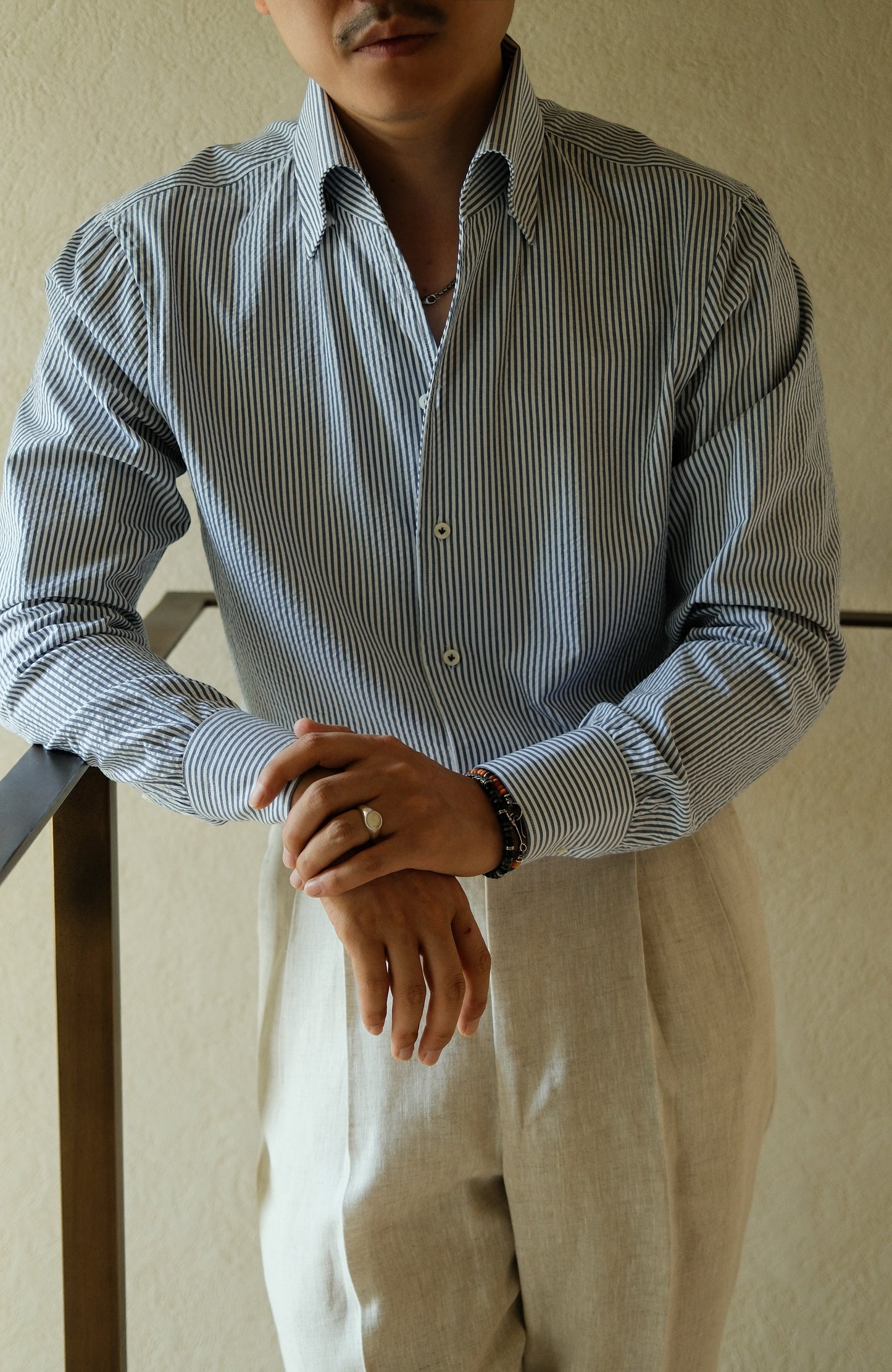 One-piece Collar Shirt — Blue Pencil Stripe Seersucker