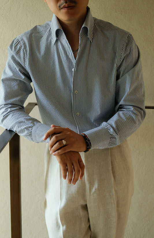 One-piece Collar Shirt — Blue Pencil Stripe Seersucker