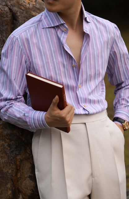 SÖKTAS Handcrafted Cutaway Collar Shirt — Provence lavender Stripe