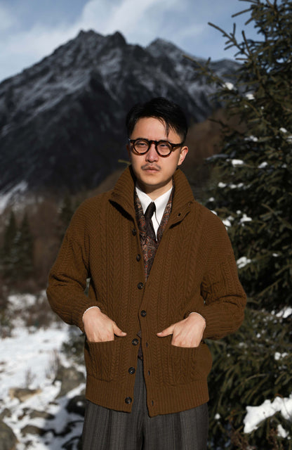 Aran-Cable Wool Cardigan High-Neck Sweater — Walnut Brown