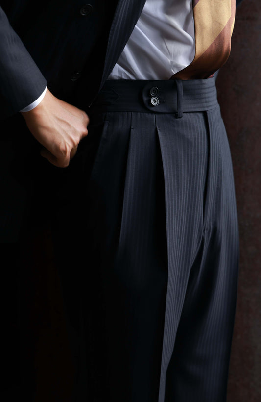 Suit Trousers with Parisian Side Adjusters and High-Waisted Double-Pleated(DORMEUIL) — Pencil navy stripe