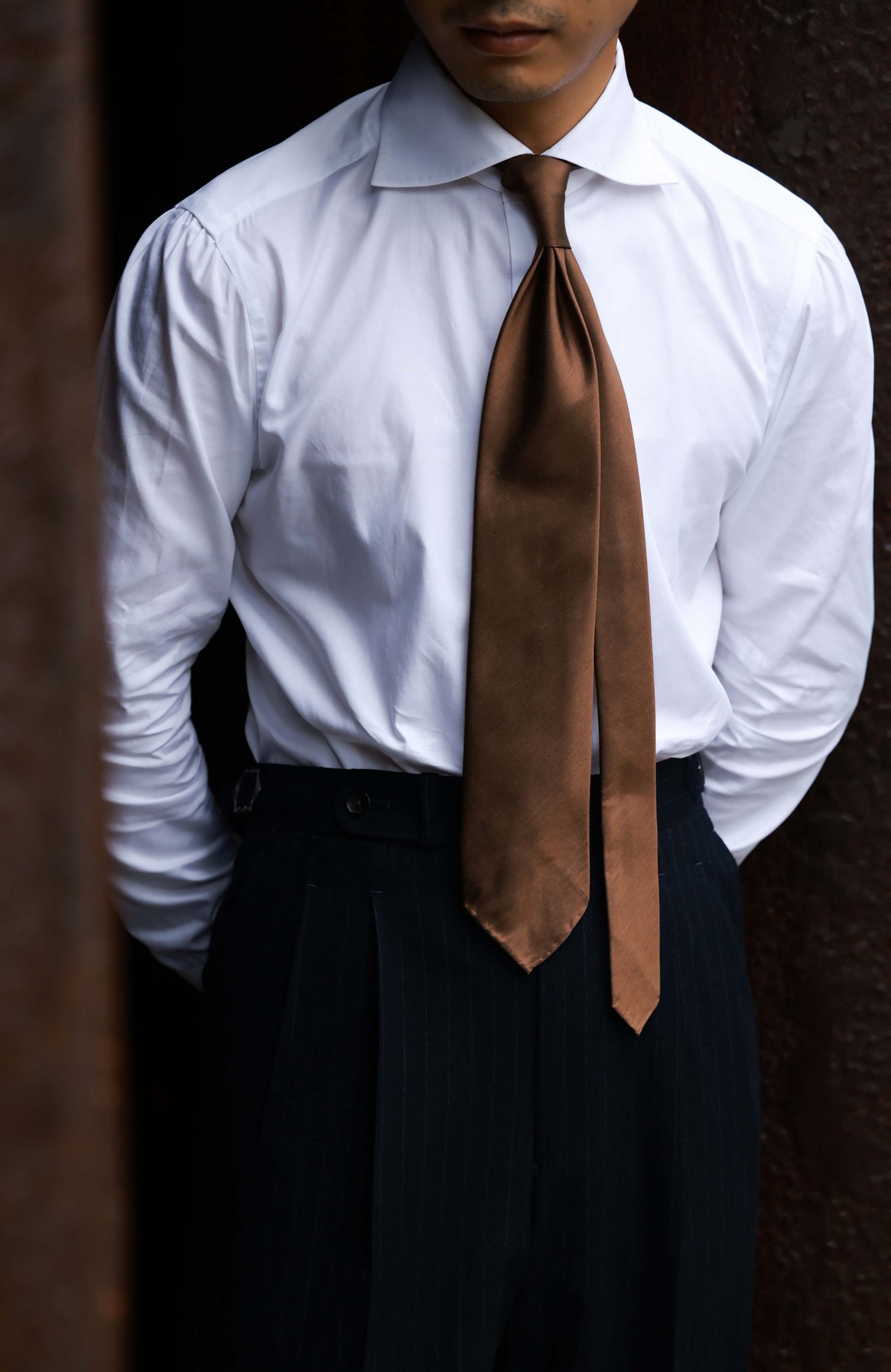 「Satin Shadow Brown」Mulberry silk Three-fold Tie