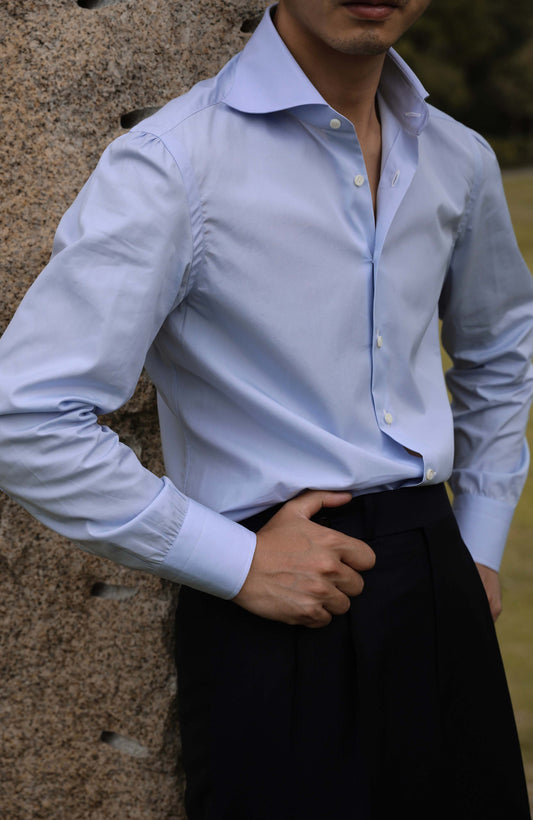 CANCLINI Cotton Handcrafted Spread Collar Shirt — Dawn Mist Blue