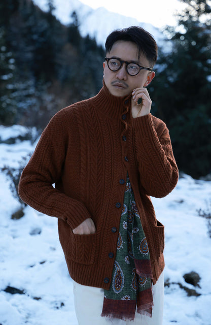 Aran-Cable Wool Cardigan High-Neck Sweater — Maple Red