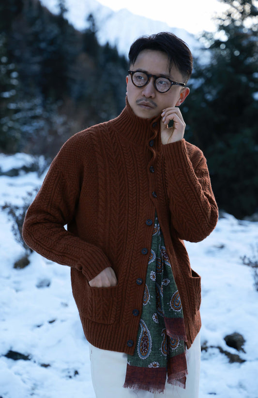 Aran-Cable Wool Cardigan High-Neck Sweater — Maple Red