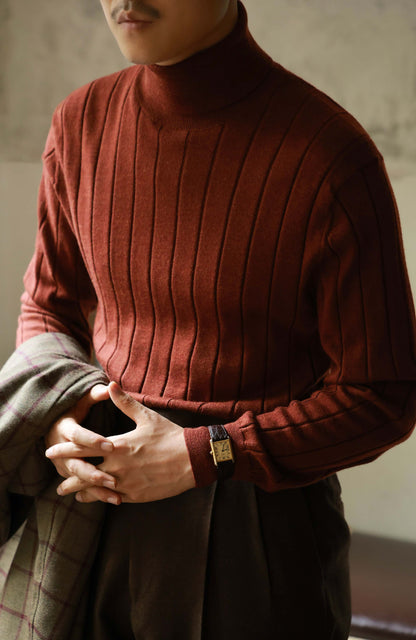 Merino Wool Ribbed Turtle Neck Sweater — Maple Red