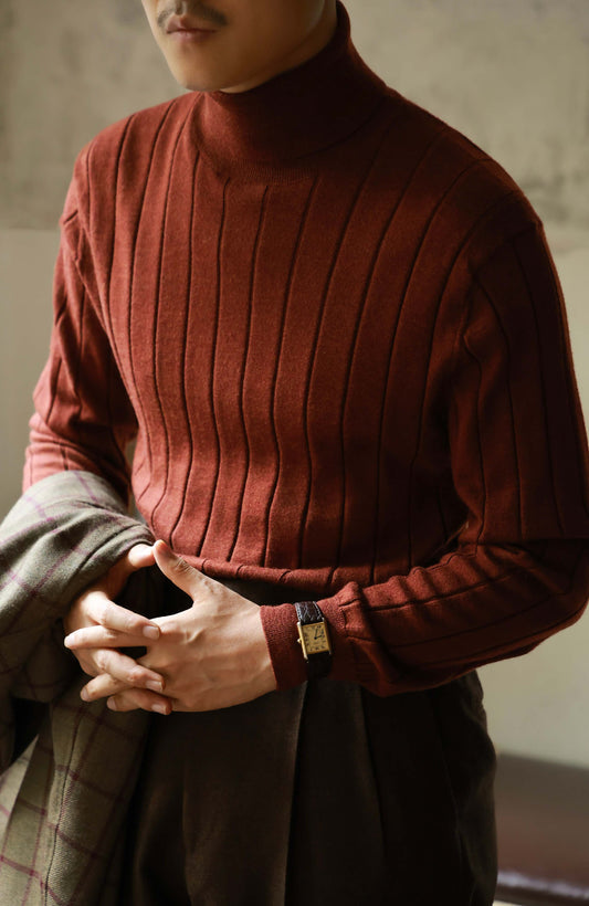 Merino Wool Ribbed Turtle Neck Sweater — Maple Red