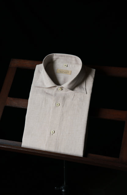 Spread Collar Linen Shirt — Brown Check