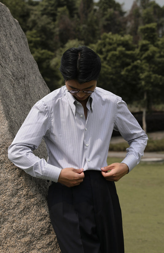 CANCLINI Cotton Handcrafted Long Point Collar Shirt — Como Mist Grey