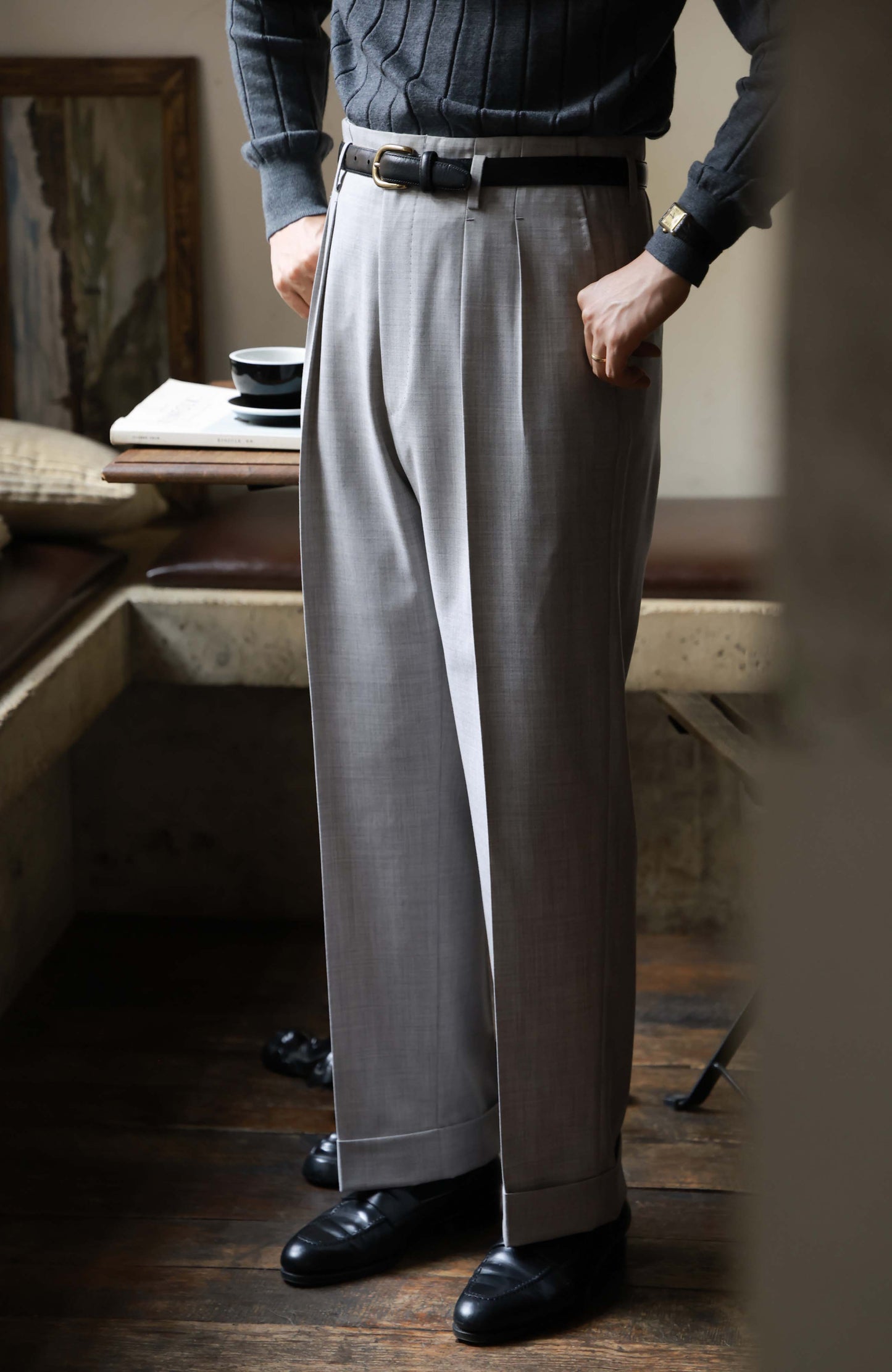Suit Trousers with Hollywood-Waist and High-Waisted Double-Pleated — Mist Grey