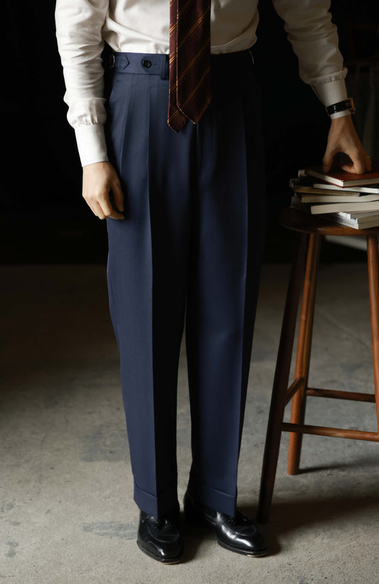 Superfine Twill Wool High-Waisted Suit Trousers with Parisian Side Adjusters — Prussian Blue