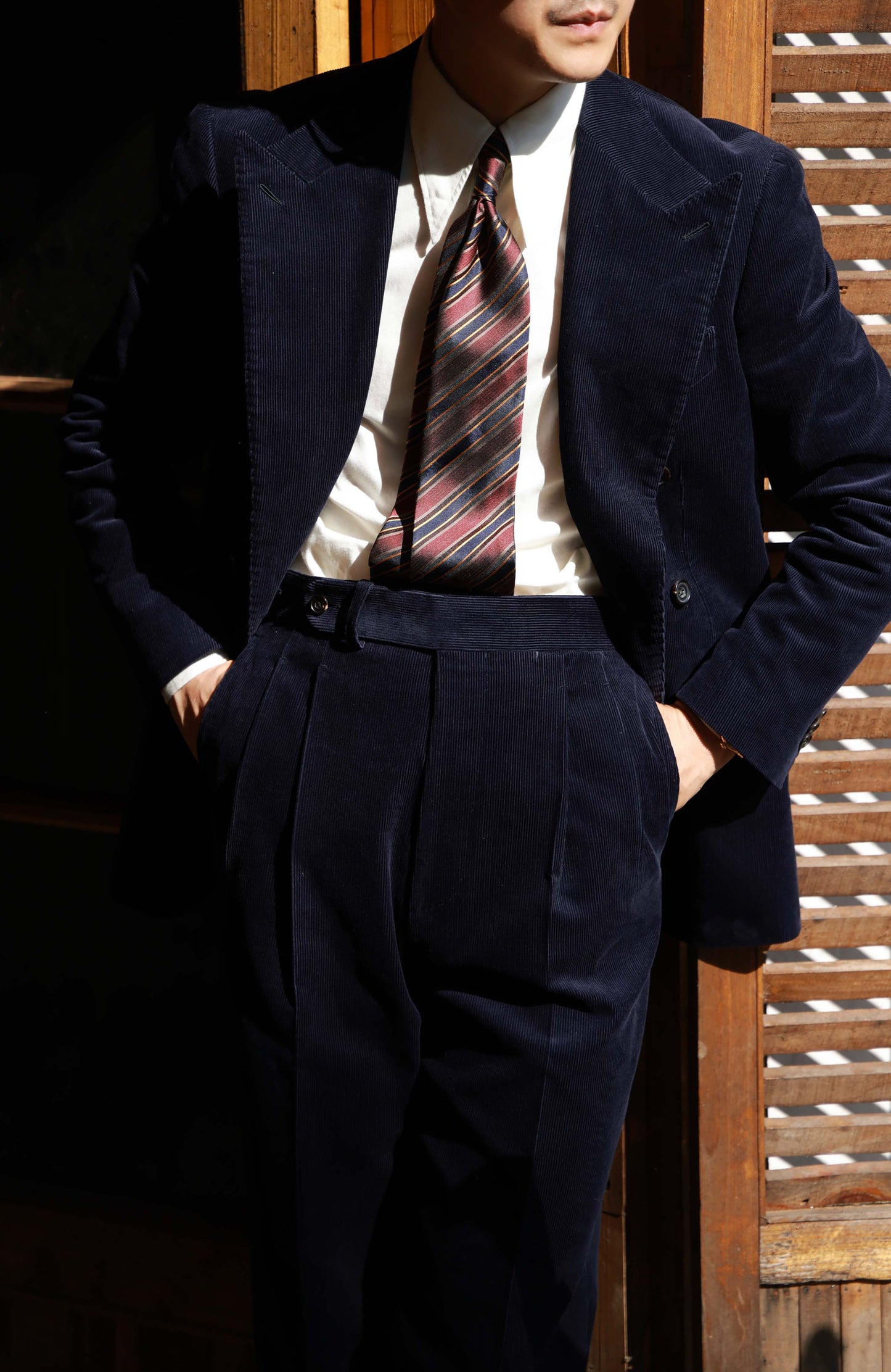 Half-Canvas Double-Breasted Japanese Corduroy Suit Jacket — Midnight Sheen Navy