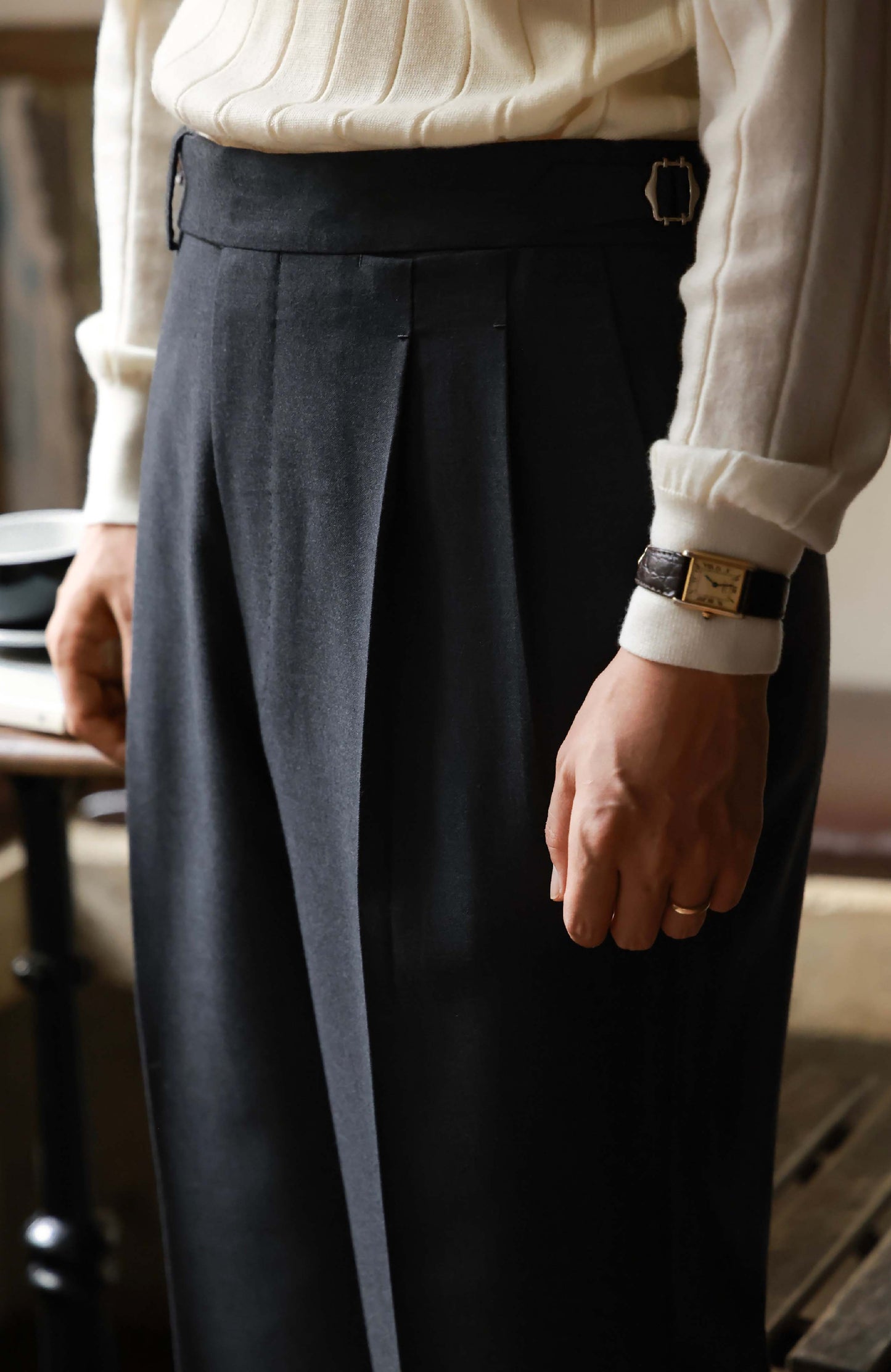 High-Waisted Flannel Suit Trousers with Parisian Side Adjusters — Mist Grey