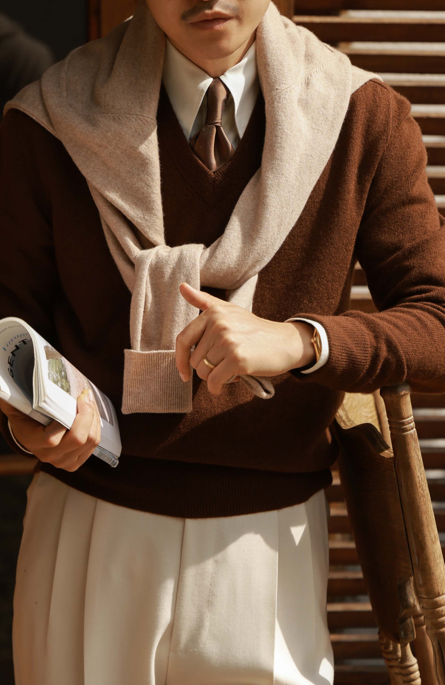 High-Waisted Wool-Cashmere V-Neck Sweater — Maple Brown