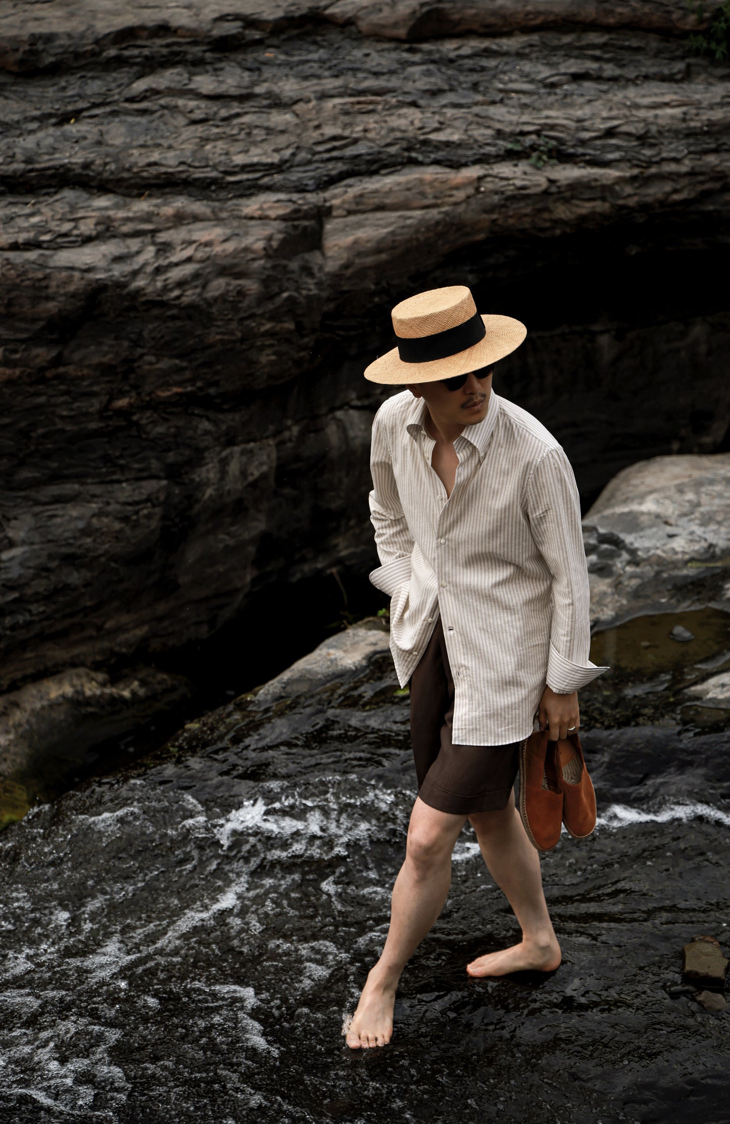「Oakwood Stripe」Italian-style Button-down Collar Linen-Cotton Casual Gentleman's Long-Sleeve Shirt
