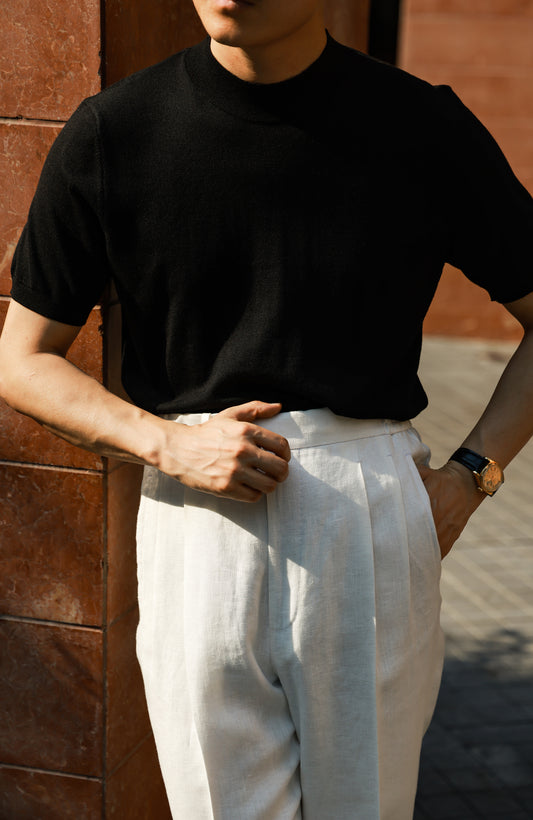 「Twilight Teal」Lambswool Blend for Cloud-Touch Mock Neck Short-Sleeve T-Shirt