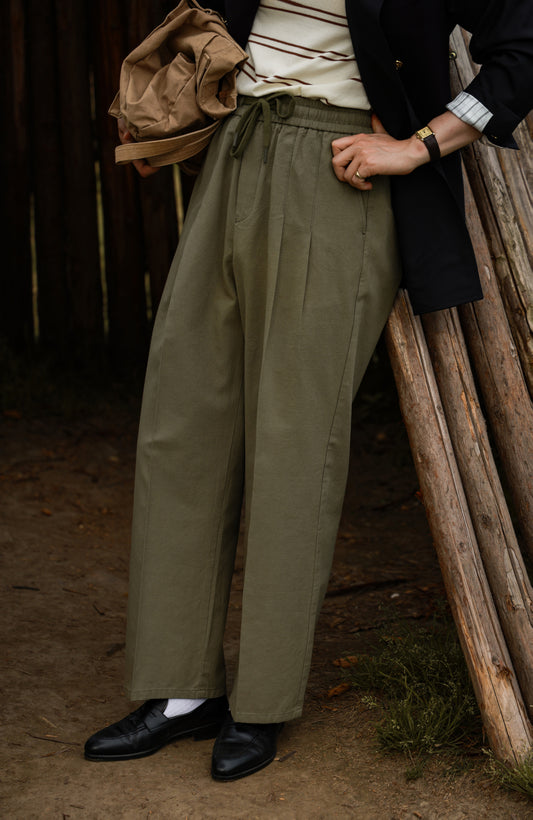 "Spring Water Tea" cotton and linen drawstring casual pants 