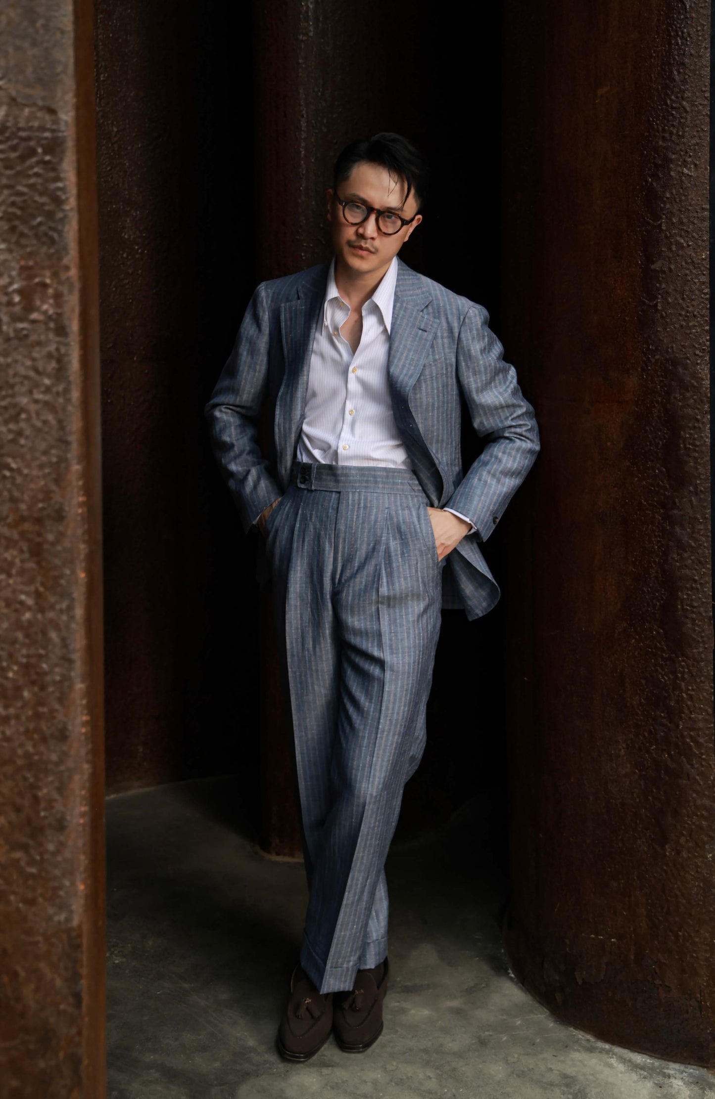 Suit Trousers with Parisian Side Adjusters and High-Waisted Double-Pleated — Blue& Grey