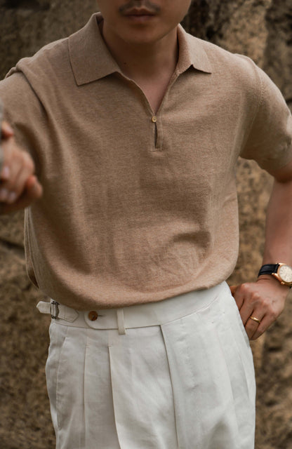 Cashmere Cotton 16-Gauge Knit Short-Sleeve Polo — Misty Apricot/ Misty Gray