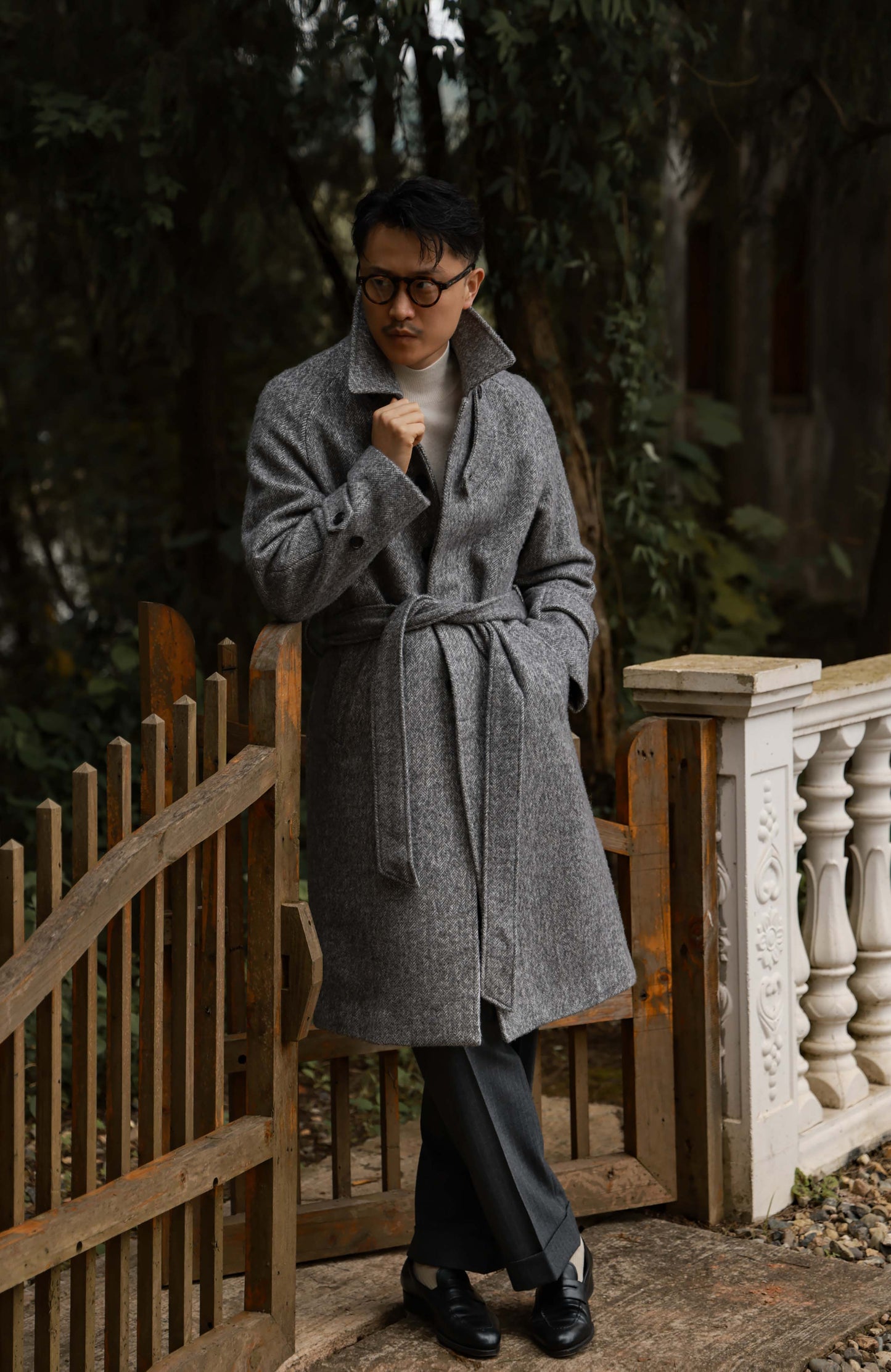 Textured Herringbone Balmacaan Overcoat — Stone Trace Grey