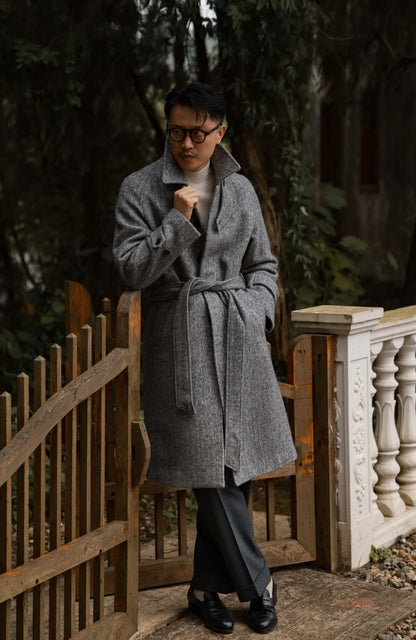 Textured Herringbone Balmacaan Overcoat — Stone Trace Grey