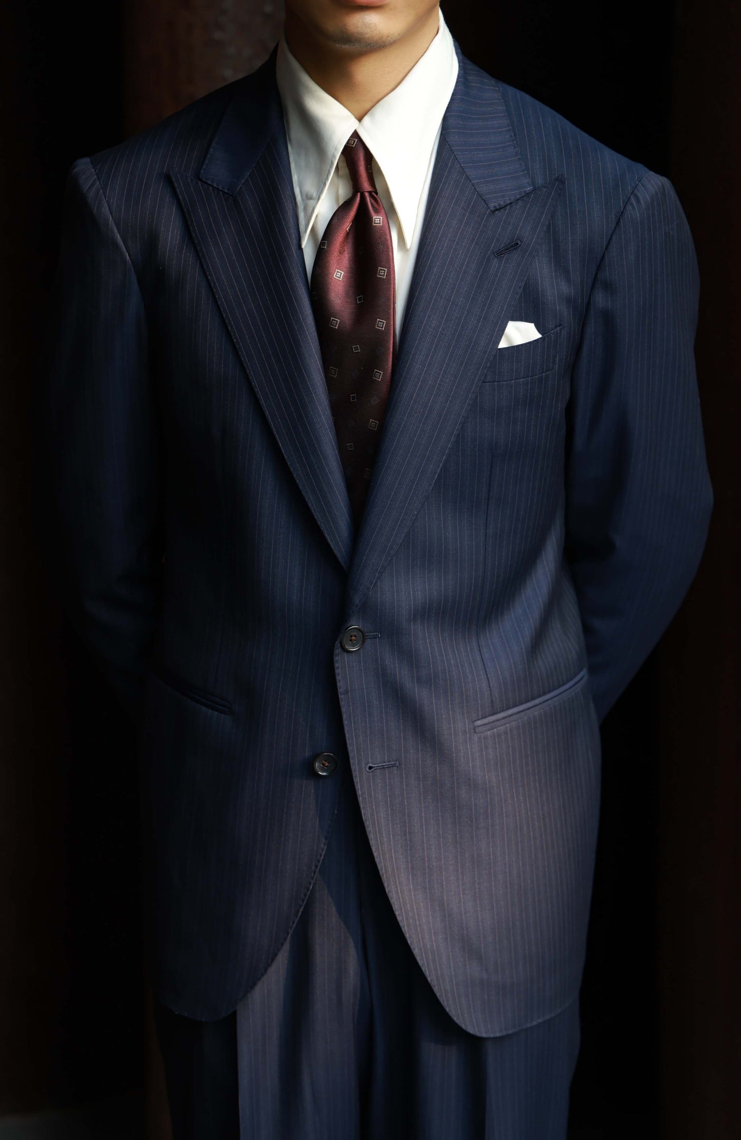 Half-Canvas Single-Breasted Suit Jacket — Navy Pin Stripe