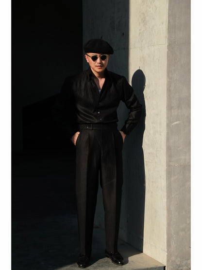 「Midnight Eclipse」Italian-style Vintage Pure linen One-piece Gentleman's Long-Sleeve Shirt