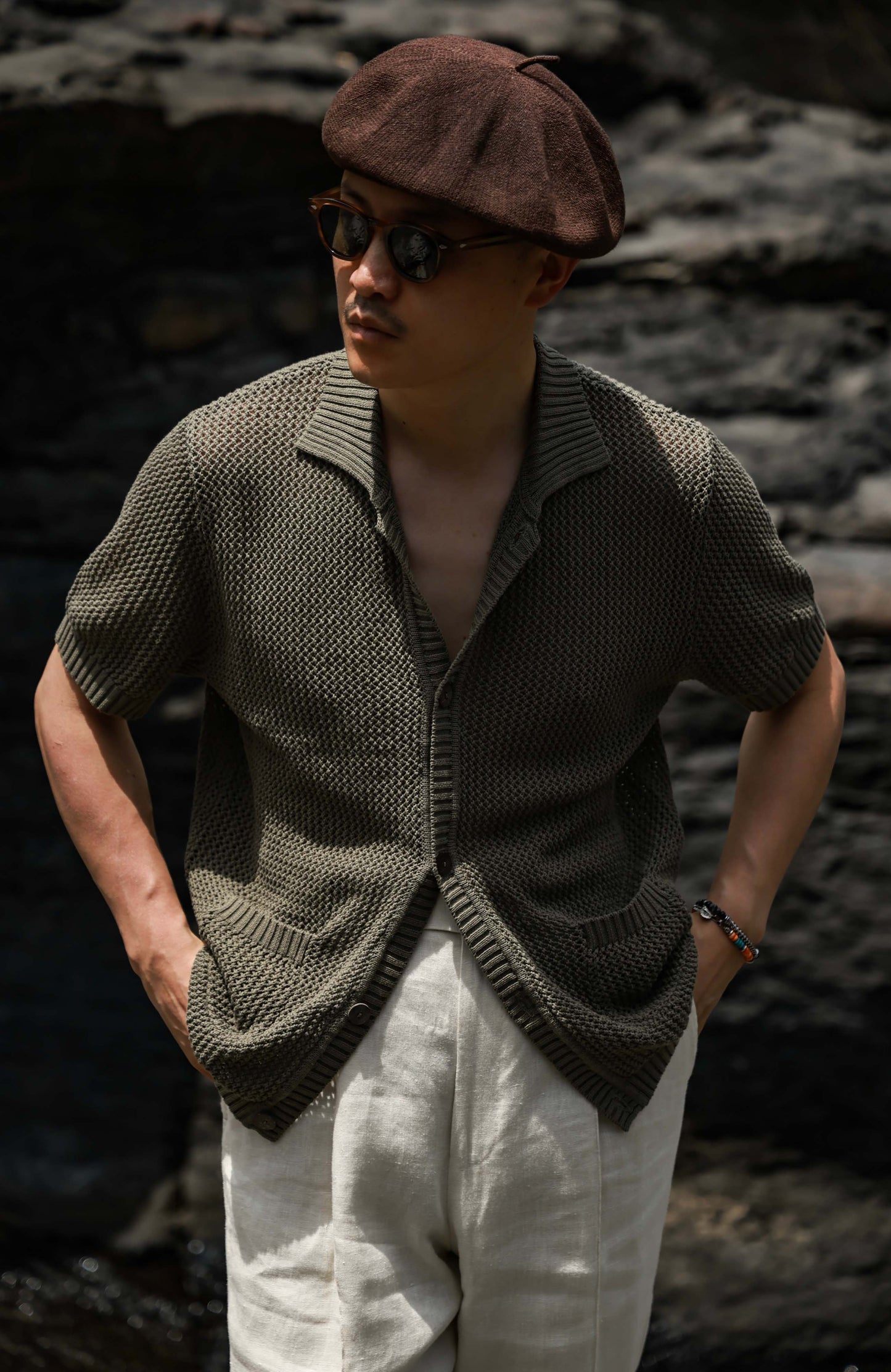 Openwork Hard-Twist Cotton Short-Sleeve Cardigan — Mossy Shadow