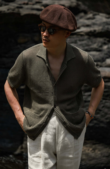 Openwork Hard-Twist Cotton Short-Sleeve Cardigan — Mossy Shadow