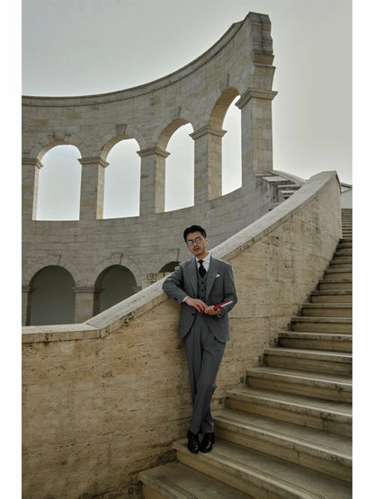 「London Grey」Suit Trousers with Merino Wool Parisian Side Adjusters and High-Waisted Single-Pleated