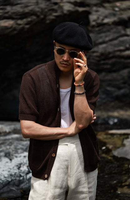Openwork Hard-Twist Cotton Short-Sleeve Cardigan — Palm Stain